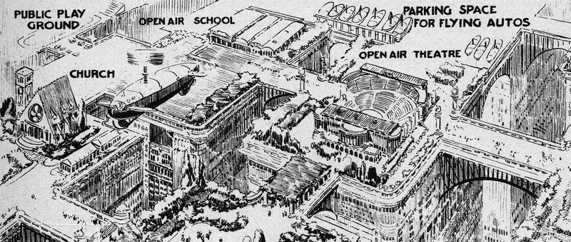Excerpt from a 1923 illustration showing the American city of the future (Science and Invention/Novak Archive)